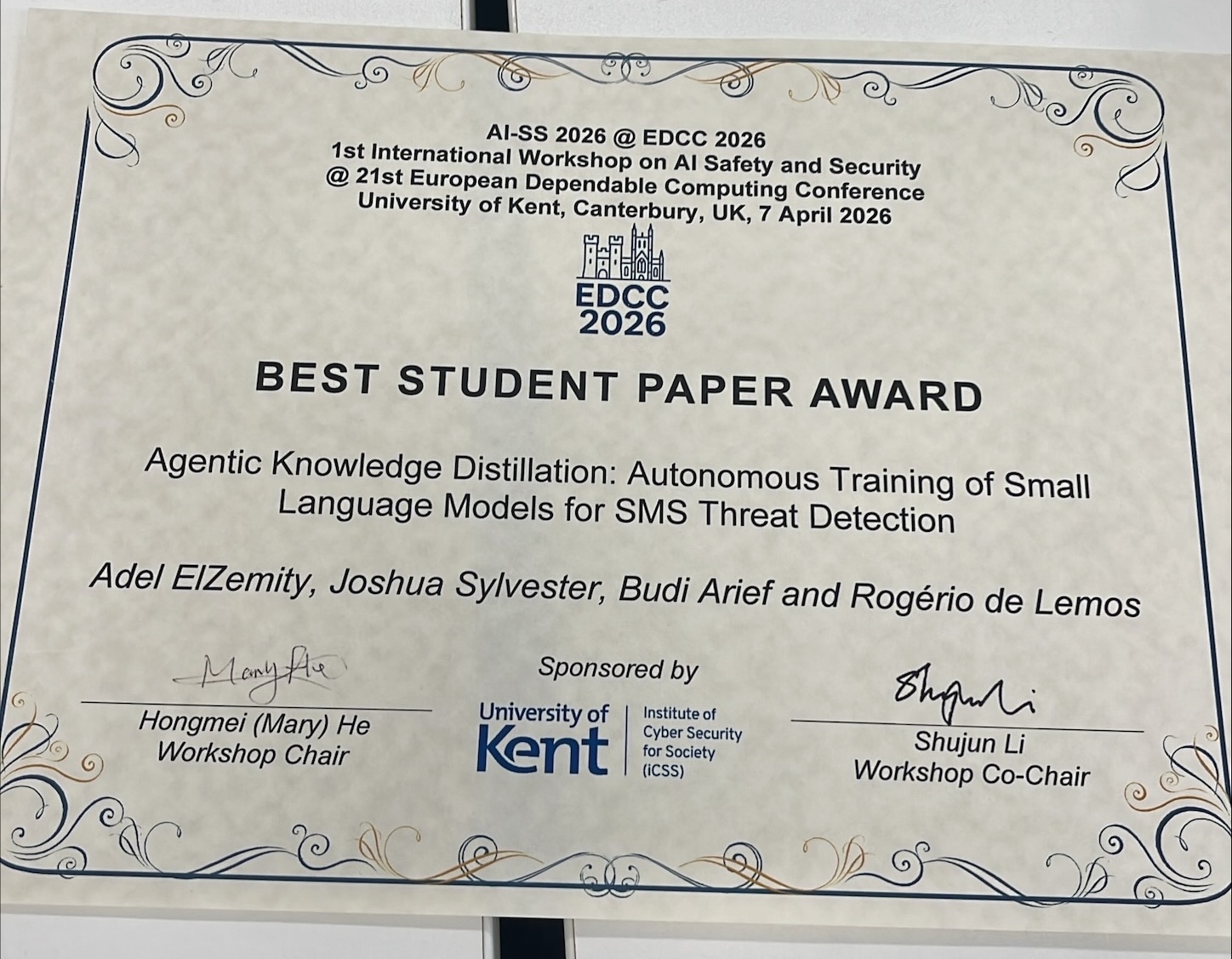 Best Student Paper Award certificate for AI-SS 2026 at EDCC 2026