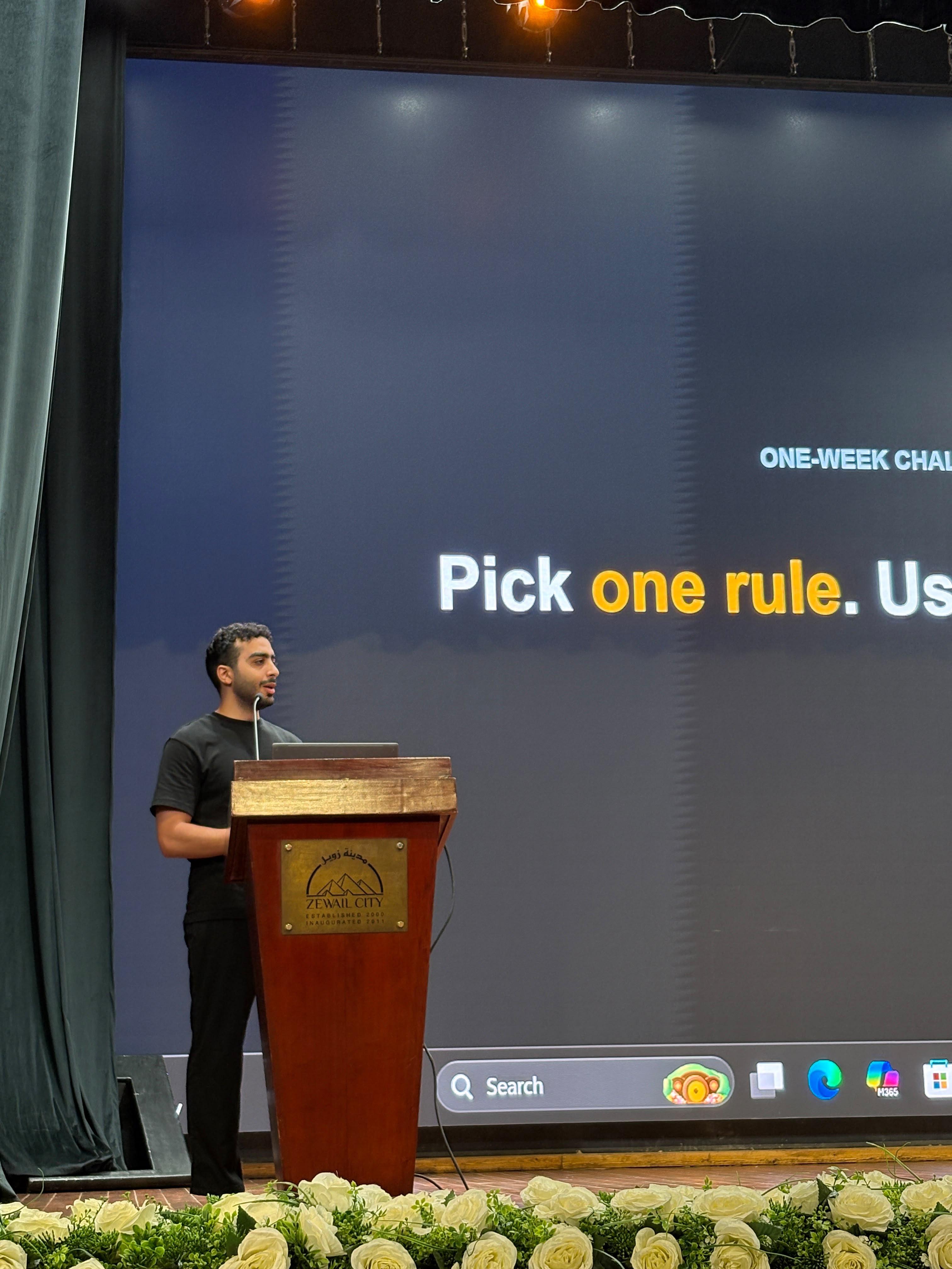 Adel Samir speaking at the University Innovation Summit 2026, Zewail City